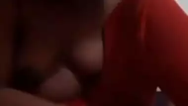Indian aunty can't hide from camera so she is bound to take boobs out